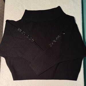 Kendall & Kylie Black Ribbed Boat Neck Sweater with Piercings - Women